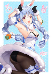 Rule 34 | 1girl, :d, absurdres, animal ear fluff, animal ears, armpits, arms up, ass, black gloves, black panties, black pantyhose, blue background, blue hair, braid, breasts, carrot hair ornament, detached sleeves, don-chan (usada pekora), doodle, dress, food-themed hair ornament, fur trim, gloves, hair ornament, highres, hololive, jumping, kiba tori, long hair, looking at viewer, multicolored hair, open mouth, panties, pantyhose, pantyshot, polka dot, polka dot background, puffy short sleeves, puffy sleeves, rabbit ears, rabbit girl, rabbit pose, rabbit tail, red eyes, short sleeves, signature, smile, strapless, teeth, thick eyebrows, tongue, twin braids, twintails, two-tone hair, underwear, upper teeth only, usada pekora, usada pekora (1st costume), virtual youtuber, white dress, white hair
