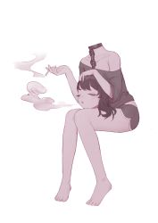 Rule 34 | 1girl, barefoot, black hair, black shirt, chain, cigarette, collar, colored skin, dolphin shorts, dullahan, closed eyes, female focus, full body, grey skin, highres, holding, holding cigarette, invisible chair, long hair, metal collar, monster girl, off-shoulder shirt, off shoulder, original, parted lips, pumpkinspicelatte, shirt, short sleeves, shorts, simple background, sitting, smoking, solo, white background