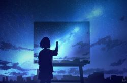 Rule 34 | 1girl, blue theme, cloud, dark, easel, from behind, hill, monochrome, night, night sky, original, painting (action), painting (object), scenery, shooting star, short hair, short sleeves, signature, silhouette, skirt, sky, skyrick9413, star (sky), starry sky