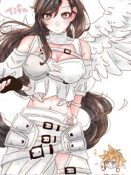 Rule 34 | 1boy, 1girl, 7 (milu577610), angel wings, arm behind back, bare shoulders, belt, belt buckle, black gloves, black hair, blonde hair, blue eyes, blush, breasts, brown eyes, brown hair, buckle, character name, chest guard, chest harness, chibi, chibi inset, cleavage, closed mouth, cloud strife, commentary request, cowboy shot, crop top, cropped head, crying, earrings, feather earrings, feathers, final fantasy, final fantasy vii, final fantasy vii ever crisis, final fantasy vii remake, fingerless gloves, frilled shirt, frills, gloves, glowstick, harness, highres, holding, holding glowstick, jewelry, large breasts, long hair, looking at another, looking at viewer, midriff, midriff peek, multiple belts, navel, off-shoulder shirt, off shoulder, official alternate costume, pants, shirt, side slit, simple background, single earring, single sidelock, skirt, spiked hair, streaming tears, swept bangs, tears, tifa lockhart, tifa lockhart (feather style), very long hair, white background, white feathers, white pants, white skirt, white wings, wings