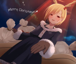 Rule 34 | 1girl, alternate costume, antlers, bag, black dress, blonde hair, blurry, blurry background, brown gloves, christmas, collarbone, commentary request, dragon horns, dress, dutch angle, english text, feet out of frame, flat chest, fog, fur trim, gloves, hair between eyes, half-closed eyes, highres, horn ornament, horn ribbon, horns, kicchou yachie, looking at viewer, looking down, nnyara, red eyes, red ribbon, ribbon, short hair, sleigh, solo, standing, touhou