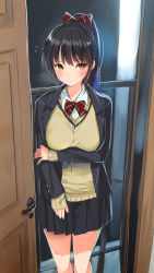 Rule 34 | 1girl, arm under breasts, black hair, black jacket, black skirt, blazer, blush, bow, bowtie, breast hold, breasts, closed mouth, collared shirt, commentary request, door, doorway, hair bow, hand on own arm, jacket, large breasts, long hair, long sleeves, looking at viewer, night, original, pleated skirt, ponytail, red bow, red bowtie, school uniform, shirt, skirt, sleeves past wrists, solo, standing, striped, striped bow, sweater, white shirt, wooden door, yaegashi nan, yellow eyes, yellow sweater