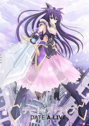 Rule 34 | 10s, 1girl, armor, armored dress, black thighhighs, breasts, cityscape, cleavage, copyright name, date a live, destruction, floating hair, foreshortening, full body, gauntlets, highres, holding, holding sword, holding weapon, kazenokaze, legs, long hair, looking at viewer, ponytail, purple eyes, purple hair, see-through, skirt, solo, sword, text focus, thighhighs, very long hair, weapon, yatogami tooka