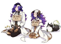 Rule 34 | 1boy, 1girl, armor, ascot, bandaged head, bandages, black hair, cat, claws, closed mouth, ewiyar (granblue fantasy), gradient hair, granblue fantasy, greaves, horns, kneeling, lab coat, long hair, multicolored hair, orologia (female), orologia (male), purple hair, rimuro, sign, simple background, very long hair, white background