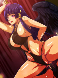Rule 34 | 1girl, black hair, breasts, dead or alive, dead or alive 5, gradient background, large breasts, long hair, nyotengu, pole, pole dancing, purple eyes, raburebo, sideboob, solo, striped, striped background, swimsuit, tecmo, wings