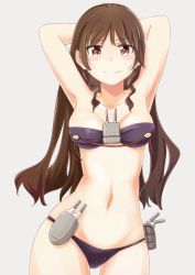 Rule 34 | 10s, 1girl, armpits, arms up, ashigara (kancolle), bandeau, bikini, blush, body writing, brown hair, character name, cowboy shot, highres, kantai collection, long hair, looking at viewer, navel, personification, purple bikini, red eyes, silver background, simple background, skindentation, solo, suzumeko, swimsuit, turret
