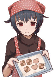 Rule 34 | 1girl, alternate costume, apron, bandana, black hair, brown sweater, checkerboard cookie, commentary request, cookie, food, hair flaps, hair ornament, hairclip, heart, highres, jingei (kancolle), kantai collection, long hair, looking at viewer, low ponytail, pink apron, pink bandana, polka dot, polka dot apron, polka dot bandana, red eyes, sakieko, simple background, solo, sweater, upper body, white background