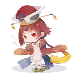 Rule 34 | 1girl, apron, beni shake, benienma (fate), brown eyes, brown hair, brown kimono, chibi, closed mouth, commentary request, fate/grand order, fate (series), frilled apron, frills, full body, hat, japanese clothes, kimono, long sleeves, red hat, shadow, short kimono, smile, socks, solo, standing, translation request, white apron, white background, white socks, wide sleeves