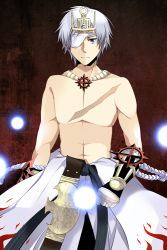 Rule 34 | 1boy, belt, black belt, black gloves, championship belt, clenched hand, closed mouth, clothes around waist, commentary request, cowboy shot, crown, eyepatch, garter straps, gloves, grey eyes, jewelry, looking at viewer, magic, male focus, necklace, no nipples, ragnarok online, rope, sasai saki, shimenawa, shirt, shirt around waist, topless male, short hair, sura (ragnarok online), solo, toned, toned male, white hair, white shirt
