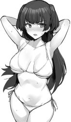 Rule 34 | 1girl, absurdres, armpits, arms behind head, arms up, bare arms, bare shoulders, bikini, blush, breasts, breasts apart, collarbone, cowboy shot, greyscale, halterneck, highres, hotate-chan, idolmaster, idolmaster shiny colors, large breasts, long hair, looking at viewer, mayuzumi fuyuko, monochrome, navel, nose blush, open mouth, raised eyebrow, side-tie bikini bottom, simple background, sketch, solo, standing, stomach, string bikini, sweat, swimsuit, two side up, underboob, very long hair, white background