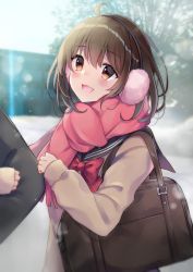 Rule 34 | 1girl, :d, ahoge, bag, black sailor collar, blush, bow, bowtie, brown eyes, brown hair, brown sweater, commentary request, day, earmuffs, fang, fringe trim, hair between eyes, head tilt, highres, lens flare, locked arms, long sleeves, minami saki, open mouth, original, out of frame, outdoors, pink scarf, red neckwear, sailor collar, scarf, school uniform, serafuku, sleeves past wrists, smile, snow, solo focus, sunlight, sweater, upper body