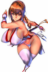Rule 34 | 1girl, absurdres, arm guards, bare shoulders, braid, breasts, cleavage, closed mouth, commentary, curvy, dead or alive, dead or alive 2, highleg, highleg panties, highres, huge breasts, japanese clothes, judge (oekaki), jumping, kasumi (doa), large breasts, leg up, long hair, looking at viewer, low ponytail, ninja, panties, partially visible vulva, pelvic curtain, ponytail, revealing clothes, simple background, single braid, sleeveless, solo, sword, thighhighs, thighs, thong, underwear, weapon, weapon on back, white background, white panties, white thighhighs, wide hips