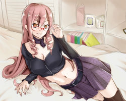 Rule 34 | 10s, 1girl, absurdres, akuma no riddle, bed, belt, bespectacled, boots, breasts, centon (736023681), cleavage, drill hair, glasses, grin, highres, inukai isuke, long hair, lying, midriff, navel, pink hair, sketch, skirt, smile, solo, thigh boots, thighhighs, twin drills, twintails, yellow eyes