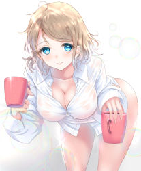 Rule 34 | 10s, 1girl, bad id, bad pixiv id, blue eyes, bottomless, breasts, brown hair, bubble, cleavage, cup, leaning forward, looking at viewer, love live!, love live! sunshine!!, messy hair, mug, ponytail korosuke, revision, shirt, short hair, smile, solo, watanabe you, wet, wet clothes, white shirt