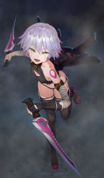 Rule 34 | 1girl, bandaged arm, bandages, bare shoulders, black panties, black thighhighs, breasts, character cutout, cleavage cutout, clothing cutout, dual wielding, fate/apocrypha, fate (series), gloves, green eyes, holding, holding weapon, io (io oekaki), jack the ripper (fate/apocrypha), knife, looking at viewer, open mouth, panties, scar, scar across eye, scar on face, short hair, silver hair, solo, thighhighs, underwear, weapon