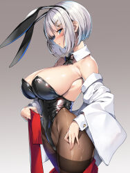 Rule 34 | absurdres, animal ears, black bow, black bowtie, black leotard, black pantyhose, blue eyes, blush, bow, bowtie, breasts, commentary request, covered navel, detached collar, gradient background, grey background, grey hair, hair ornament, hairclip, hamakaze (kancolle), highres, jacket, kantai collection, large breasts, leotard, looking at viewer, looking to the side, off shoulder, pantyhose, parted lips, playboy bunny, rabbit ears, red ribbon, ribbon, short hair, sideboob, sidelocks, simple background, standing, torisan, white jacket