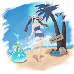 Rule 34 | 1girl, ;p, absurdres, alternate costume, ball, barefoot, beach, beachball, blue sky, choker, cup, day, drink, drinking glass, unworn eyewear, feet, full body, genshin impact, hair ornament, hat, highres, horns, looking at viewer, midriff, mona (genshin impact), navel, one eye closed, sarong, shirt, sign, sky, slime (genshin impact), slime (substance), solo, sunglasses, sunglasses removed, tied shirt, toes, tongue, tongue out, tropical drink, twintails, xiachujin