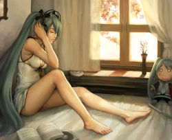 Rule 34 | 1girl, aqua hair, barefoot, book, breasts, cd, cd case, cd player, character doll, cleavage, cover, discman, dominic, closed eyes, hachune miku, hatsune miku, headphones, indoors, legs, long hair, necktie, o o, solo, spring onion, stuffed toy, twintails, very long hair, vocaloid, window