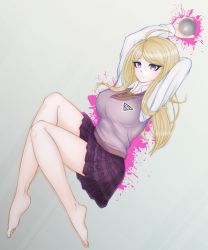 Rule 34 | 1girl, ahoge, akamatsu kaede, arm behind back, arms up, ball, barefoot, blonde hair, blood, breasts, brown necktie, collared shirt, danganronpa (series), danganronpa v3: killing harmony, fortissimo, grey background, grey vest, hair ornament, highres, holding, holding ball, huge breasts, large breasts, long hair, long sleeves, lying, musical note, musical note hair ornament, musical note print, nanamyi (sevens-sea-ai), necktie, on side, pink blood, pleated skirt, purple skirt, shirt, skirt, solo, vest, white shirt