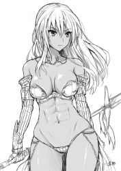 Rule 34 | 1girl, abs, armor, bikini armor, breasts, closed mouth, contrapposto, copyright request, gauntlets, greyscale, holding, holding weapon, jewelry, kojima saya, long hair, medium breasts, monochrome, navel, necklace, original, simple background, solo, standing, toned, weapon, white background