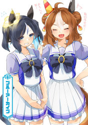 Rule 34 | +++, 2girls, ahoge, animal ears, blue archive (racehorse), blue eyes, blue hair, bow, bowtie, brown hair, character name, closed eyes, collarbone, colored inner hair, commentary request, copano rickey (umamusume), cowboy shot, double bun, ear covers, eyes visible through hair, fang, fidgeting, flying sweatdrops, genderswap, genderswap (mtf), gradient eyes, green eyes, grey hair, hair between eyes, hair bun, halo, horse ears, horse girl, horse tail, light brown hair, medium hair, multicolored eyes, multicolored hair, multiple girls, naik, open mouth, original, personification, pleated skirt, puffy short sleeves, puffy sleeves, purple bow, purple bowtie, purple shirt, sailor collar, sailor shirt, school uniform, shirt, short hair, short sleeves, skin fang, skirt, tail, thighhighs, tracen school uniform, translated, two side up, umamusume, v arms, white background, white sailor collar, white skirt