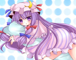 Rule 34 | 1girl, bow, crescent, dress, female focus, hair bow, hat, hat ribbon, highres, long hair, lying, ncatabc, on stomach, patchouli knowledge, pillow, purple eyes, purple hair, ribbon, solo, stiped, striped, touhou, vertical stripes