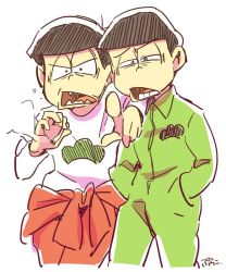 Rule 34 | 10s, 2boys, arm on another&#039;s shoulder, artist name, bad id, bad twitter id, brothers, brown hair, clothes around waist, cowboy shot, hands in pockets, jumpsuit, long sleeves, male focus, matsuno choromatsu, matsuno osomatsu, multiple boys, open mouth, osomatsu-kun, osomatsu-san, pointing, pointing at viewer, pulaco, sharp teeth, siblings, simple background, teeth, white background