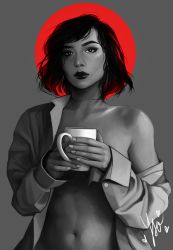Rule 34 | 1girl, breasts, coffee mug, collarbone, commentary, cup, dark-skinned female, dark skin, english commentary, eye of horus, facial tattoo, halo, highres, lips, lipstick, makeup, messy hair, monochrome, mug, naked shirt, no bra, nose, off-shoulder shirt, off shoulder, overwatch, overwatch 1, pharah (overwatch), realistic, shirt, short hair, signature, small breasts, solo, spot color, tattoo, thick eyebrows, upper body, ysoria