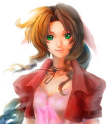 Rule 34 | 1990s (style), 1girl, aerith gainsborough, bow, brown hair, cropped jacket, da huang, dai ki, face, final fantasy, final fantasy vii, green eyes, hair bow, lipstick, long hair, makeup, pink bow, ponytail, retro artstyle, simple background, smile, solo, white background