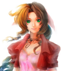 1990s_(style) 1girl aerith_gainsborough bow brown_hair cropped_jacket da_huang dai_ki female_focus final_fantasy final_fantasy_vii green_eyes hair_bow lipstick long_hair makeup pink_bow ponytail retro_artstyle simple_background smile solo white_background