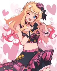 Rule 34 | 1girl, absurdres, bare shoulders, blonde hair, blue eyes, blush, bracelet, breasts, fingerless gloves, fishnet thighhighs, fishnets, frilled skirt, frills, gloves, grk 11601, hair ornament, heart, heart hands, heart o-ring, highres, idolmaster, idolmaster cinderella girls, idolmaster cinderella girls starlight stage, jewelry, long hair, looking at viewer, medium breasts, midriff, ohtsuki yui, one eye closed, open mouth, patterned clothing, single glove, skirt, smile, solo, thighhighs, wavy hair
