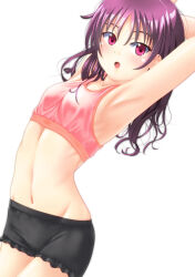 Rule 34 | 1girl, :o, alternate hairstyle, armpits, arms behind head, arms up, black panties, boyshort panties, breasts, commentary request, cowboy shot, dutch angle, groin, hair down, highres, jou (circlemay), kazuno leah, looking at viewer, love live!, love live! sunshine!!, medium hair, navel, open mouth, panties, partial commentary, pink sports bra, purple eyes, purple hair, simple background, sleepwear, small breasts, solo, sports bra, standing, underwear, underwear only, white background