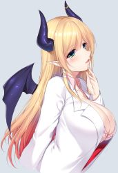 Rule 34 | 1girl, blonde hair, blush, breasts, cleavage, demon girl, demon horns, demon wings, finger to mouth, frilled shirt, frills, from side, gradient hair, green eyes, grey background, hair ornament, highres, hololive, horn ornament, horns, lab coat, large breasts, long hair, long sleeves, looking at viewer, minamon (vittel221), multicolored hair, open mouth, pink hair, pink shirt, pointy ears, shirt, smile, solo, swept bangs, upper body, very long hair, virtual youtuber, wings, x hair ornament, yuzuki choco, yuzuki choco (1st costume)