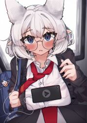Rule 34 | absurdres, auraaa, blush, breast press, breasts, cellphone, glasses, height difference, highres, large breasts, lorel (auraaa), necktie, original, phone, pointy ears, school uniform, smartphone, white hair