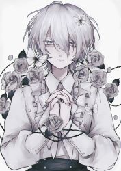 Rule 34 | 1boy, 402 (o0 xxx), absurdres, bug, butterfly, closed mouth, expressionless, facing viewer, flower, grey background, grey theme, highres, insect, long sleeves, looking afar, male focus, mole, mole under mouth, original, own hands together, pale skin, rose, shirt, short hair, solo, white background, white butterfly, white eyes, white flower, white hair, white rose, white shirt, white theme