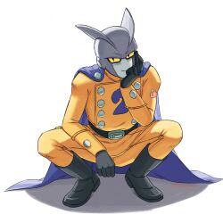 Rule 34 | 1boy, black gloves, blue cape, boots, cape, commentary, dragon ball, dragon ball super, dragon ball super super hero, elbow rest, english commentary, full body, gamma 2, gloves, hand on own chin, head rest, highres, jacket, jenxd d, knee boots, male focus, pants, smile, solo, squatting, yellow jacket, yellow pants
