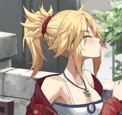 Rule 34 | 1girl, blonde hair, blush, braid, breasts, fate/apocrypha, fate (series), french braid, hair ornament, hair scrunchie, highres, long hair, long sleeves, mordred (fate), mordred (fate/apocrypha), mordred (memories at trifas) (fate), parted bangs, ponytail, scrunchie, sidelocks, small breasts, solo, tonee
