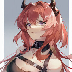 Rule 34 | 1girl, arknights, bare shoulders, black horns, border, breasts, cleavage, closed mouth, detached collar, film grain, grey background, hair between eyes, hair intakes, horns, light smile, long hair, looking at viewer, medium breasts, outside border, portrait, pupuchi82, purple eyes, red hair, slit pupils, solo, surtr (arknights), white border, zipper pull tab