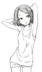 Rule 34 | 1girl, absurdres, armpits, arms behind head, collarbone, commentary, cowboy shot, eyebrows, forehead, greyscale, hair ornament, hairclip, highres, monochrome, short hair, shorts, sketch, solo, white background, yamamoto souichirou