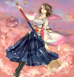 Rule 34 | 00s, 1girl, blue eyes, boots, brown hair, bubble, detached sleeves, dutch angle, final fantasy, final fantasy x, hair tubes, japanese clothes, long skirt, obi, parted lips, pleated skirt, short hair, skirt, solo, staff, yuna