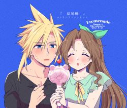 Rule 34 | 1boy, 1girl, aerith gainsborough, alternate costume, artist name, blonde hair, blue background, blue eyes, blush, bracelet, brown hair, closed eyes, cloud strife, couple, dated, final fantasy, final fantasy vii, final fantasy vii remake, green ribbon, green shirt, grey shirt, hair between eyes, hair ribbon, hand fan, holding, holding fan, jewelry, krudears, moogle, neck ribbon, parted bangs, parted lips, ponytail, ribbon, ring, shirt, sidelocks, spiked hair, sweat, t-shirt, twitter username, upper body, wavy hair, yellow ribbon