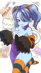 Rule 34 | 1girl, 2021, alternate color, blue hair, blue skin, candy, colored skin, covered navel, detached collar, detached sleeves, dress, food, hair over one eye, highres, leviathan (skullgirls), looking at viewer, mtk hoshi, red eyes, side slit, skullgirls, smile, solo, squigly (skullgirls), stitched mouth, stitches, striped legwear, striped sleeves, twintails, wide sleeves, zombie