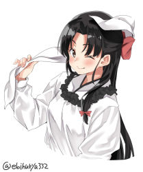 Rule 34 | 1girl, alternate costume, apron, black hair, blush, bow, brown eyes, closed mouth, ebifurya, hair bow, half updo, highres, kantai collection, kappougi, long hair, low-tied long hair, one eye closed, red bow, remodel (kantai collection), shouhou (kancolle), simple background, smile, solo, twitter username, white background