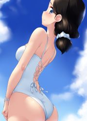 Rule 34 | 1girl, ass, black hair, blue eyes, blush, breasts, closed mouth, cloud, cloudy sky, female focus, from behind, girls und panzer, hamada kiyo, highres, kuzuryuu kennosuke, looking at viewer, looking back, medium breasts, one-piece swimsuit, outdoors, shiny skin, short hair, shoulder blades, sky, smile, solo, swimsuit, white one-piece swimsuit