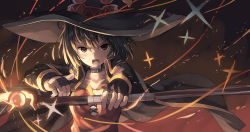 Rule 34 | 1girl, belt buckle, brown hair, buckle, cape, casting spell, choker, commentary, fingerless gloves, gloves, hat, holding, holding staff, huanxiang huifeng, kono subarashii sekai ni shukufuku wo!, long sleeves, looking at viewer, magic, megumin, open mouth, outstretched arm, red eyes, revision, short hair, solo, staff, upper body, witch hat
