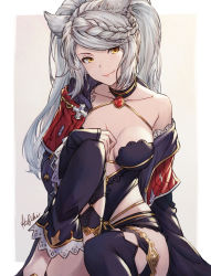 Rule 34 | 1girl, animal ears, braid, breasts, choker, erune, fraux, granblue fantasy, grey hair, ivris, jewelry, medium breasts, pendant, robe, signature, sitting, smile, solo, thighhighs, twintails, yellow eyes