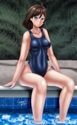 Rule 34 | 1girl, ace attorney, ahoge, blue eyes, blue one-piece swimsuit, breasts, breasts apart, brown hair, convenient leg, facing viewer, highres, light blush, linea alba, looking at viewer, one-piece swimsuit, pool, poolside, ryusuke kh, sitting, small breasts, smile, soaking feet, solo, sukumizu, swimsuit, trucy wright, wet, wet clothes