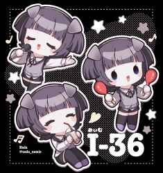 Rule 34 | 1girl, black hair, black thighhighs, blunt bangs, character name, chibi, closed eyes, cup, drinking straw, drinking straw in mouth, headgear, heart, highres, holding, holding cup, holding instrument, holding maracas, holding microphone, i-36 (kancolle), instrument, kantai collection, long sleeves, maracas, microphone, multiple views, musical note, nada namie, official alternate costume, open mouth, outline, shoes, simple background, sitting, standing, star (symbol), thighhighs, white outline