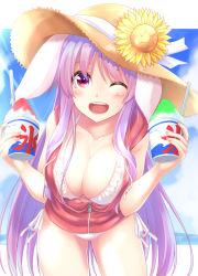 Rule 34 | 1girl, ;d, animal ears, artist name, bad id, bad pixiv id, bare arms, bare shoulders, bikini, blush, breasts, brown hat, collarbone, commentary request, cowboy shot, eyebrows visible through hat, fingernails, flower, food, frilled bikini, frills, halterneck, hands up, hat, hat flower, hat ribbon, highres, hisae (hisae collect), holding, holding food, hood, hooded jacket, jacket, kooribata, large breasts, leaning forward, long hair, looking at viewer, one eye closed, open mouth, purple hair, rabbit ears, red eyes, red jacket, reisen udongein inaba, ribbon, shaved ice, shiny skin, side-tie bikini bottom, sidelocks, sleeveless, sleeveless jacket, smile, solo, standing, sun hat, sunflower, swimsuit, thighs, touhou, very long hair, white bikini, white ribbon, zipper