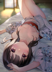 Rule 34 | 1girl, absurdres, arm up, blurry, blush, breasts, breasts out, brown eyes, brown hair, collarbone, depth of field, floral print, futon, highres, japanese clothes, kanro ame (ameko), kimono, lantern, long hair, lying, naked kimono, nipples, off shoulder, on back, on bed, open clothes, original, sash, small breasts, smile, solo, tatami, thighs, yukata